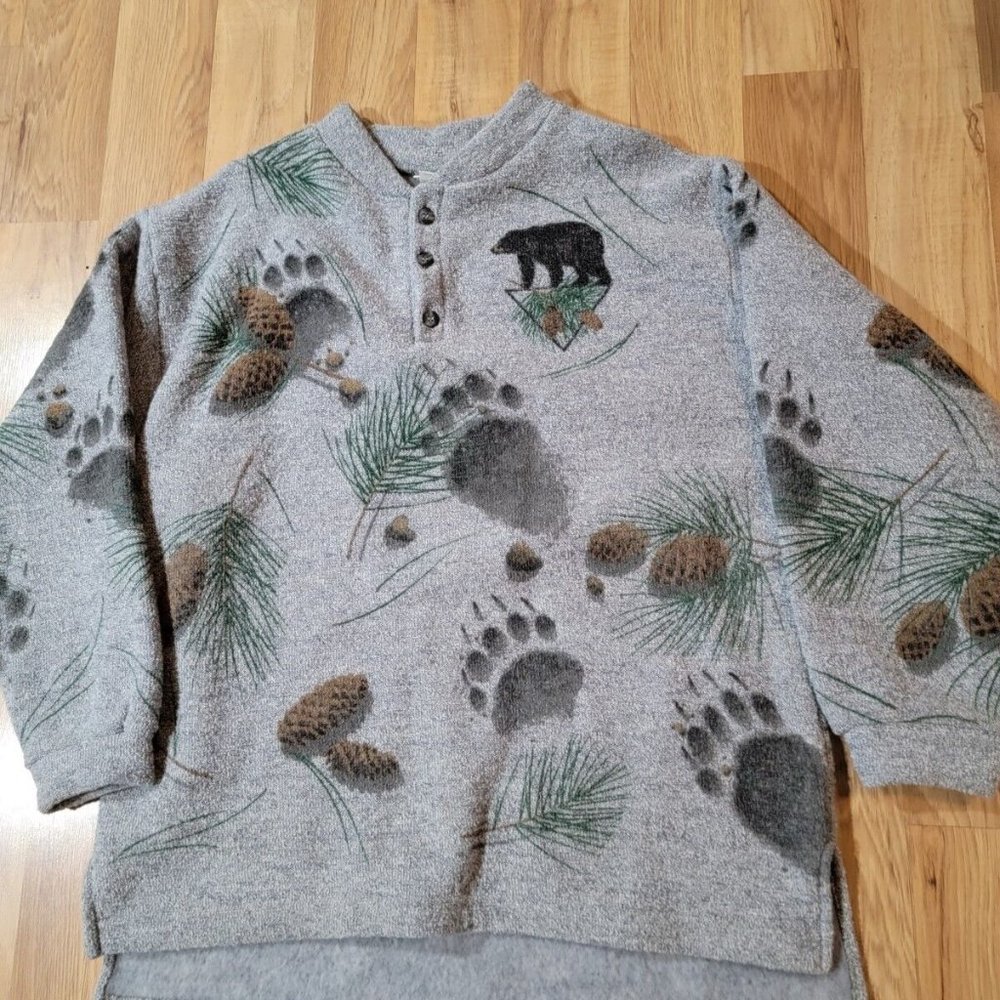 Vtg Artisans Sunschein Designs Bear Paw All over Print Unisex Fleece Sweater XL